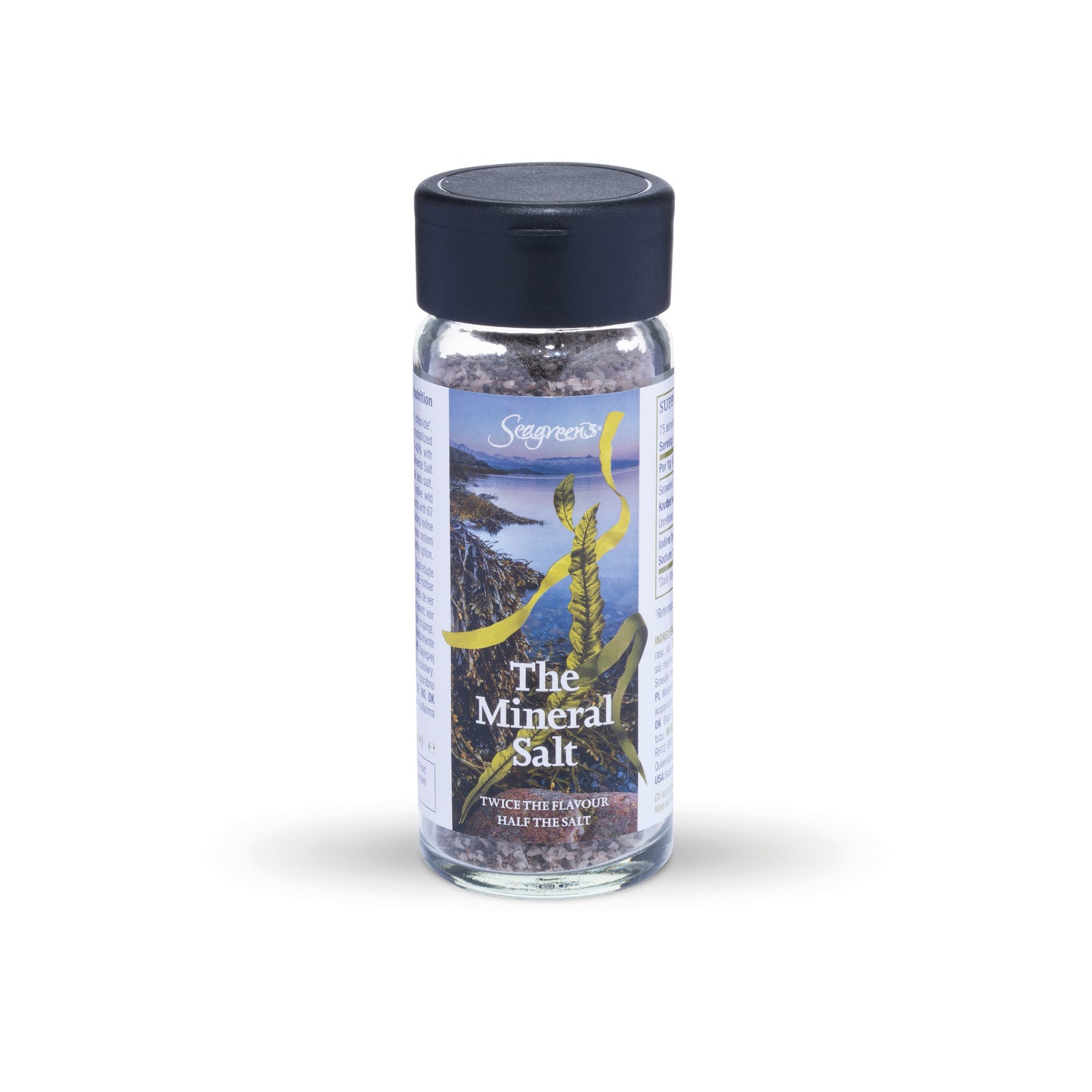 Seagreens Mineral Salt – seaweed and salt blend in glass shaker for natural seasoning