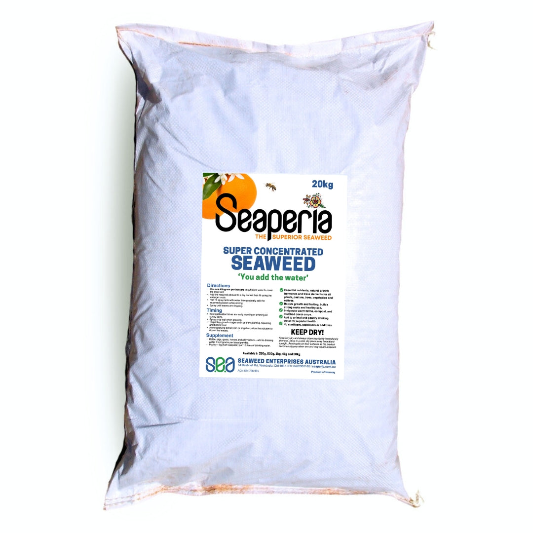 A 20kg bag of Seaperia Super-concentrated Soluble Seaweed for commercial growers and horticulture.