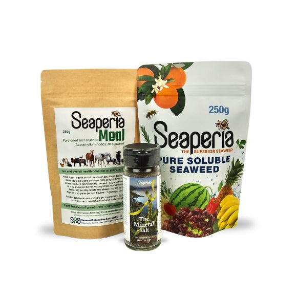 Seaperia seaweed products – Seaperia Meal 250g, Seaperia Soluble 250g, and Seagreens Mineral Salt.