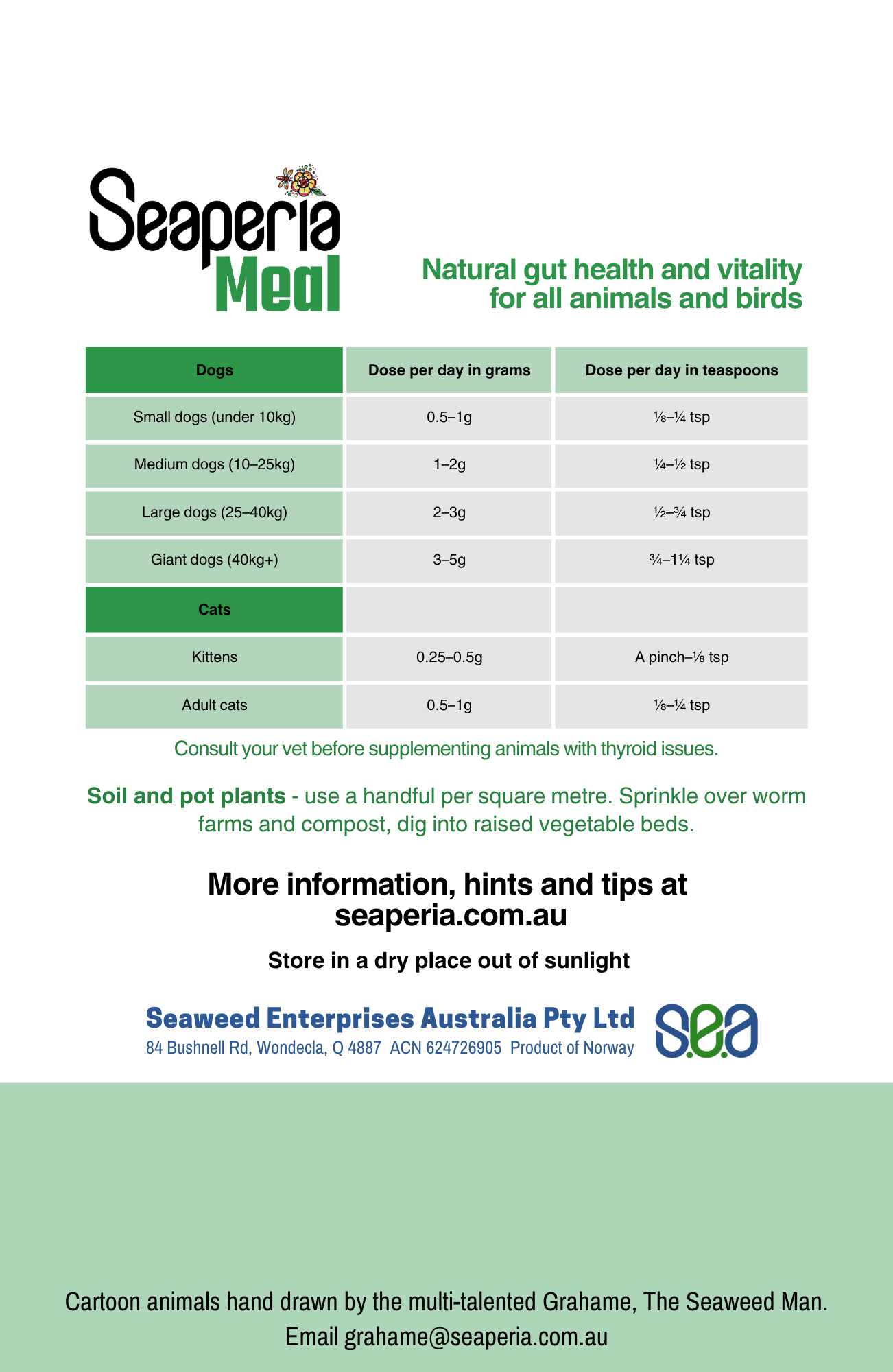 Seaperia Meal ascophyllum kelp seaweed supplement information sheet for animals on a white background