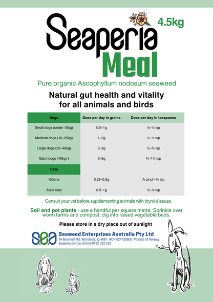 Seaperia Meal ascophyllum, kelp seaweed packaging with dosing chart for animals on a white background