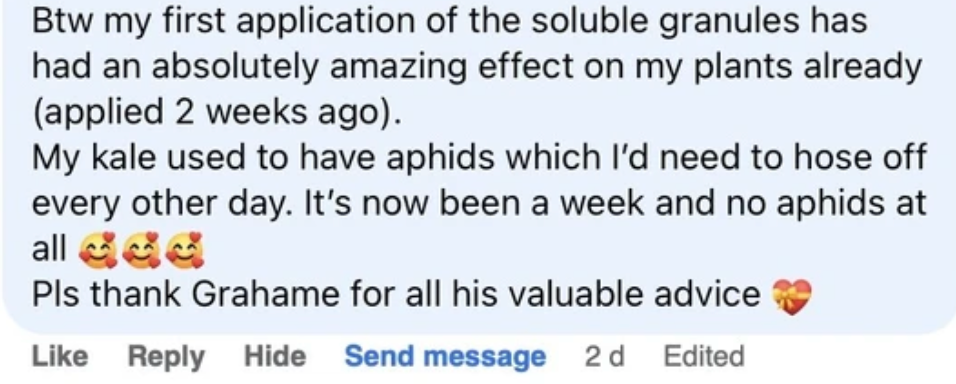 A screenshot of a comment on Facebook about how Seaperia stopped aphids on kale