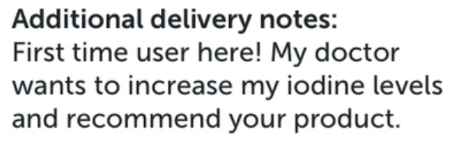 A screenshot from an order that says the doctor recommended Seagreens for iodine.