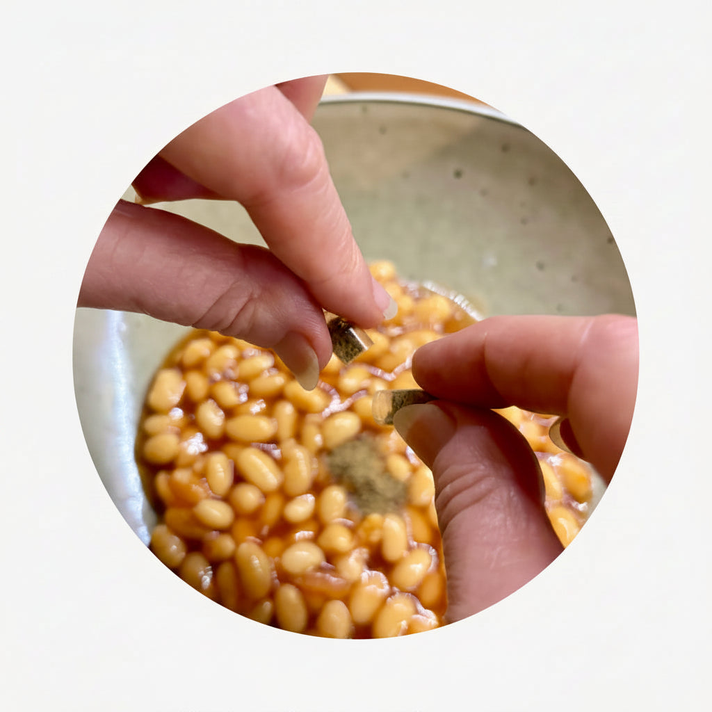 Seagreens Iodine Lite for kids can be hidden in food such as baked beans.