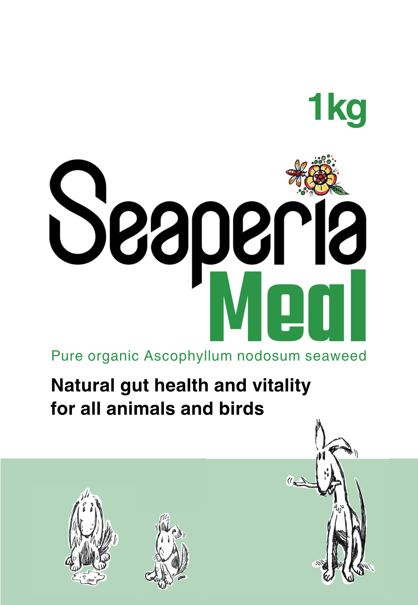 Seaperia Meal packaging, ascophyllum seaweed for animals and birds with text and illustrations on a white background